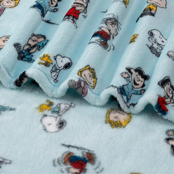 Berkshire Blanket Peanuts® VelvetLoft® Cute Character Snoopy Plush Oversized Throw Blanket, Snoopy Play with Peanuts Gang Light Aqua (50in x 60in)