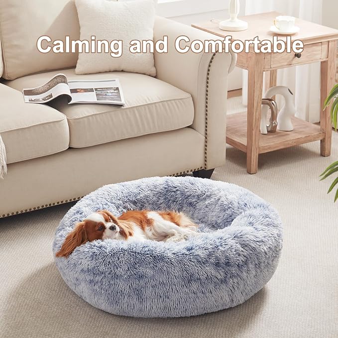 30 inches Faux Fur Fluffy Donut Dog Bed for Medium Dogs,Dark Blue | Calming Plush Round Pet Bed with Removable & Washable Cover,Fits up to 45 lbs Pets