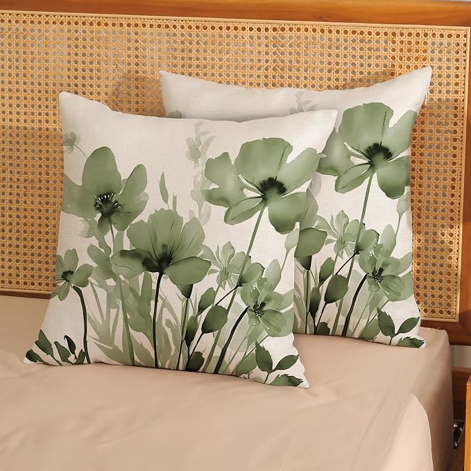Spring Floral Pillow Covers 18x18 Inches Set of 2,Sage Green Floral Throw Pillow Covers Outdoor Summer Flower Decoration Pillowcase Farmhouse Decorative Square Linen Cushion Cover For Home Sofa