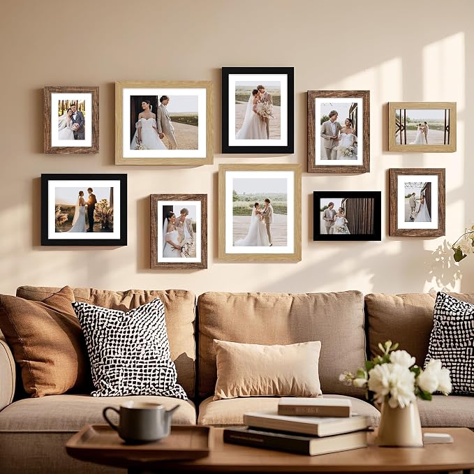 Hongkee 10x13 Picture Frame Set of 4, Made of Real Glass and Rustic Brown Frame, 10 by 13 Photo for Wall or Tabletop - Display Picture 8.5x11 with Mat or 10x13 Without Mat