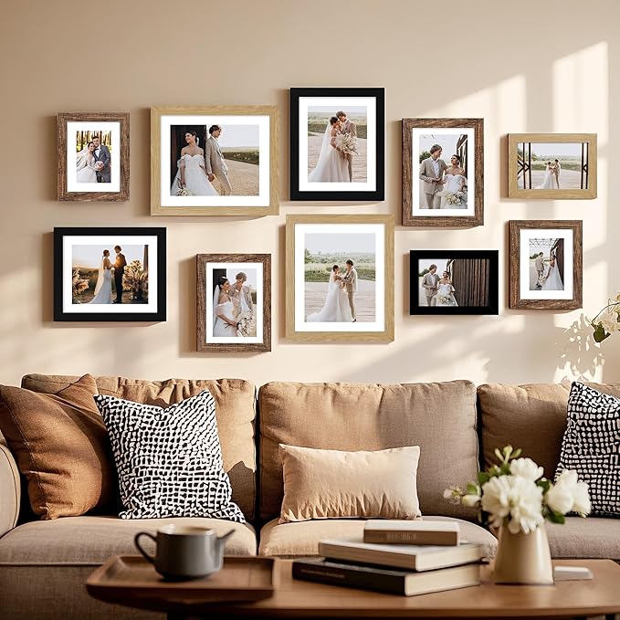 Hongkee 9x11 Picture Frame Set of 4, Made of Real Glass and Natural Oak Frame - Display Picture 7x9 with Mat or 9x11 Without Mat, 9 by 11 Photo for Wall or Tabletop