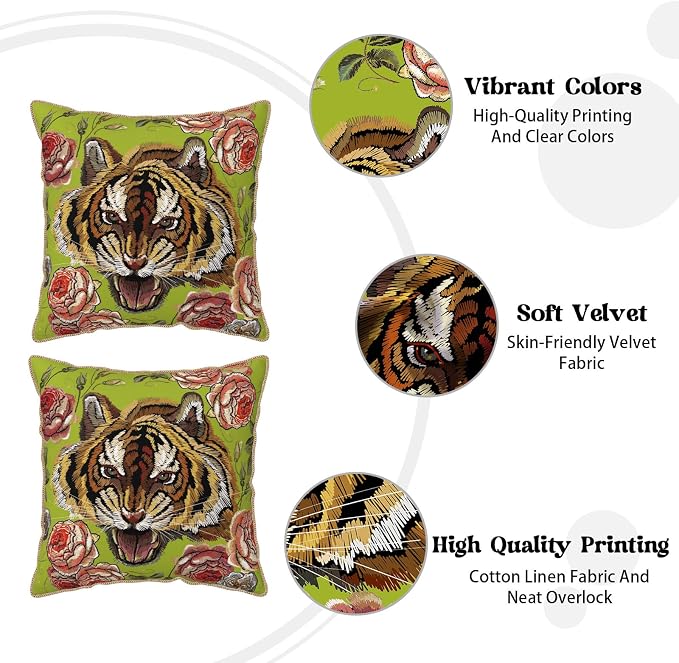 Tiger Flower Green Velvet Pillow Covers 16x16 Inch Pink Floral Animal Throw Pillows for Couch Cushion Covers Pillowcase Farmhouse Modern Pillow Cases for Sofa Bed Living Room Bedroom