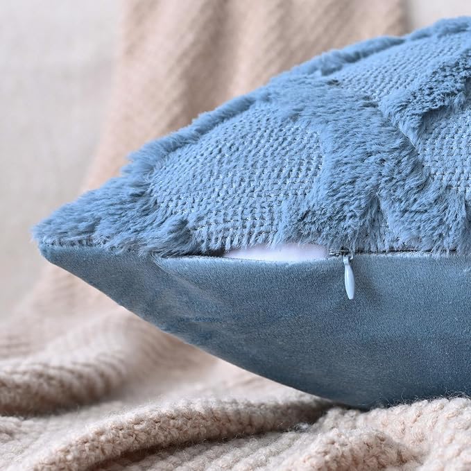 Set of 2 Soft Moroccan Throw Pillow Covers 18x18 Inch Plush Boho Decorative Pillow Cover Accent Cushion Case for Couch Sofa Bed, Grey Blue