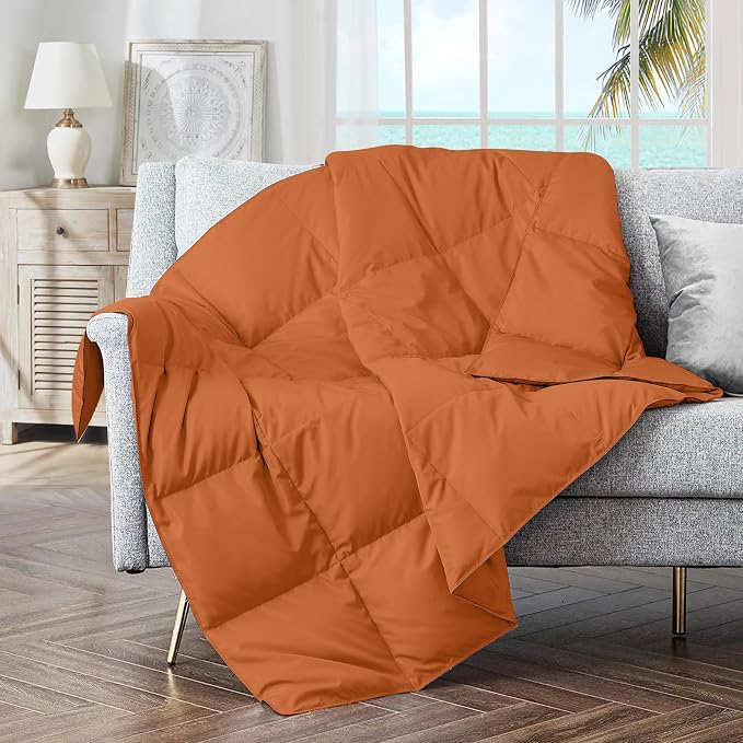 puredown® Soft Feather Down Throw Blanket Lightweight Packable Couch Throw for Indoor and Outdoor Use, Throw 50"X70", Burnt Orange, 12oz