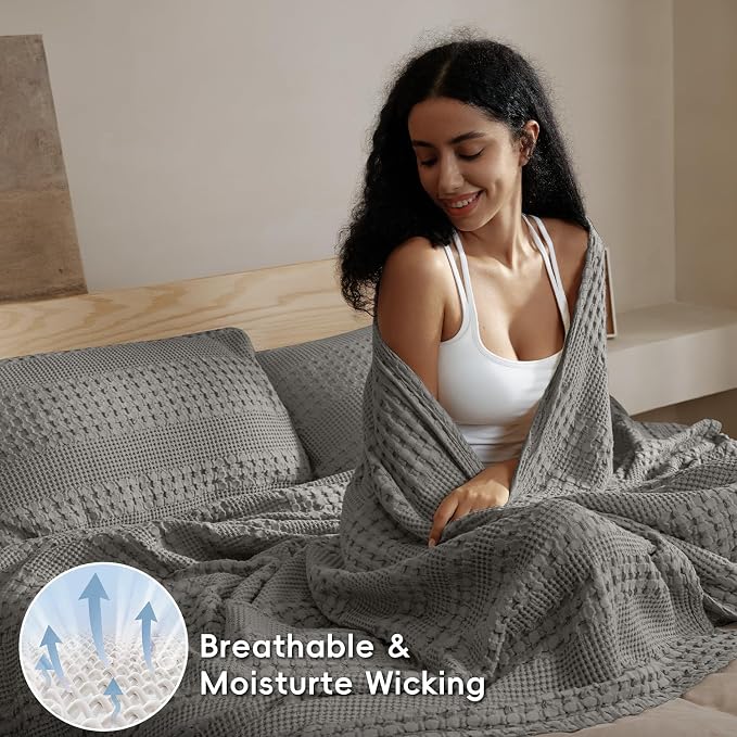 PHF 100% Cotton Waffle Weave Blanket Queen Size, Lightweight Breathable Summer Blanket for Hot Sleepers, Pre-Washed Soft Layer for Bed, Couch, Aesthetic Home Decor & Gift, 90"x90", Dark Grey