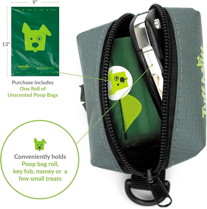 Tuff Mutt Dog Poop Bag Holder for Leashes with Velcro Attachment | Zippered Bag Dispenser, No-Swing Fit, Roomy for Backup Roll & Extras, D-Ring for Keys, Durable Fabric