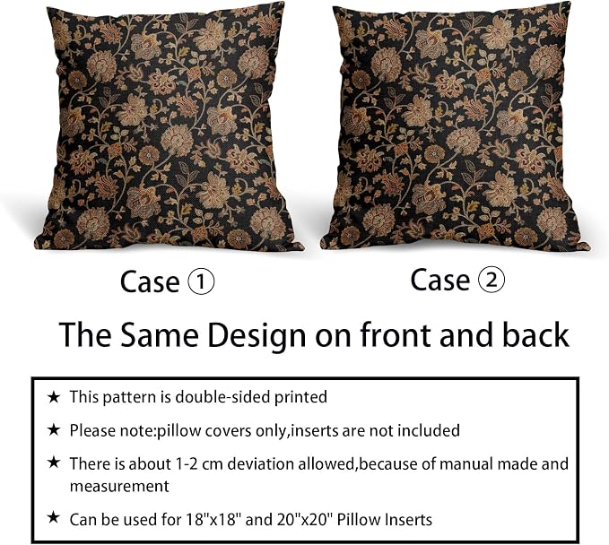 Black Brown Floral Pillow Covers 18X18 Inch Set of 2 Vintage Boho Carpet Flowers Decorative Pillow Cases Leaves Plant Cotton Linen Cushion Case Farmhouse Home Decor for Sofa Couch Living Room