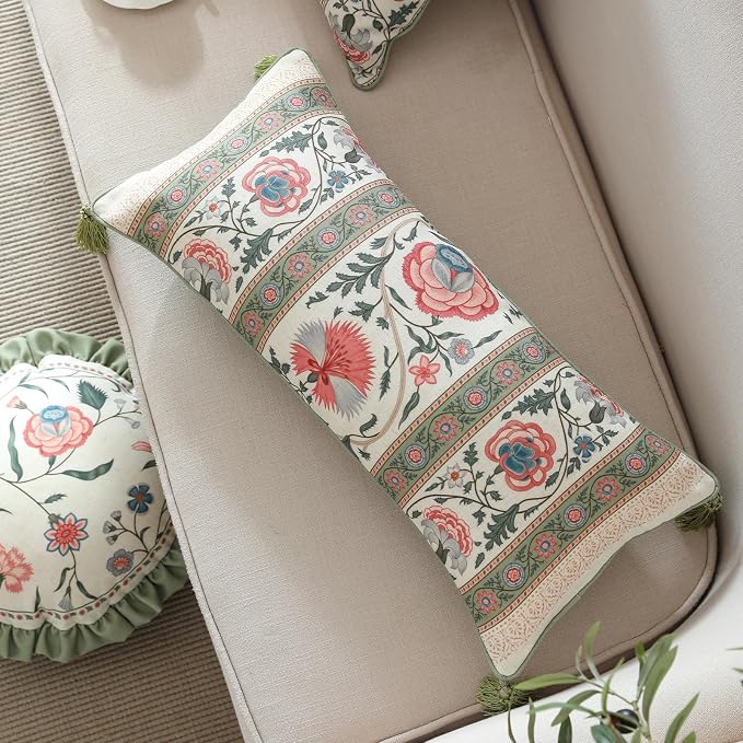 French Linen Rectangle Throw Pillow Cover,Set of 2,20"x12"-Daffy B | Designer French Elegant Pillow Cover,Concealed Zipper Design,Floral Pattern,Sofa,Bedroom,Living Room,Lounge Chairs