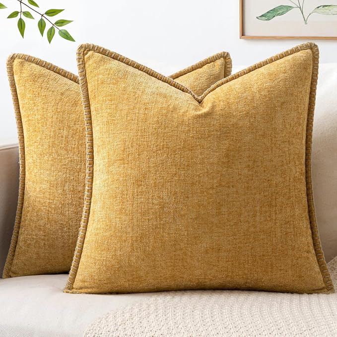 MIULEE Decorative Couch Throw Pillow Covers 18x18 Inch Gold 2 Pack | Mustard Yellow, Farmhouse Pillow Covers with Stitched Edge, Soft Chenille Cushion Cases, for Sofa Bed Living Room Home Decor