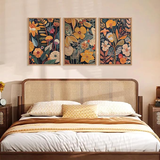 FWIEXA Burnt Orange Floral Framed Wall Art Set of 3, Large Mid Century Modern Flower Canvas Wall Prints, Boho Botanical Wall Decor, 24x36 Inches Neutral Plant Painting for Living Room, Bedroom, Office