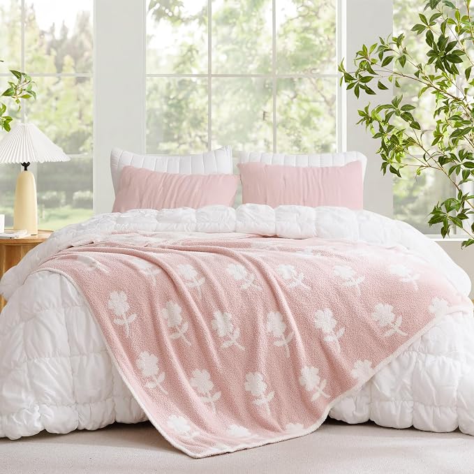 Snuggle Sac Flower Throw Blanket for Couch, Fuzzy Microfiber Warm Winter Daisy Floral Blankets, Sunflower Throws Gifts, Flower Pink, 50x60 inches
