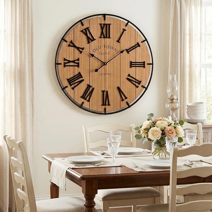 EMAX HOME Inch Large Farmhouse Wall Clock, 3D Raised Roman Numerals on Wooden Background, Silent Quartz Movement, Black Metal Frame for Easy Reading in Entryway, Hallway, or Dining Room
