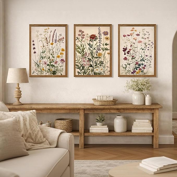WRFON Botanical and Flower Canvas Wall Art, Framed Wildflower Wall Art Set of 3, Vintage Meadow Flower Canvas Prints, Cottagecore Floral Decor for Living Room Bedroom Bathroom Farmhouse Home, 16x24