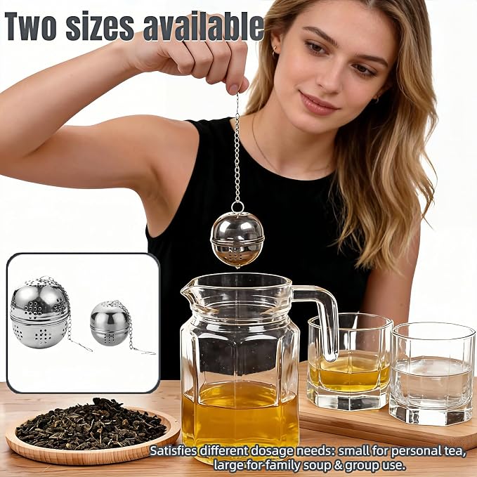 2Pcs Stainless Steel Tea Infuser Ball, Fine Mesh Spice Strainer for Loose Leaf Tea & Cooking, Rotating Lock Leak-Proof, Long Chain Hook for Soup Broth Filter