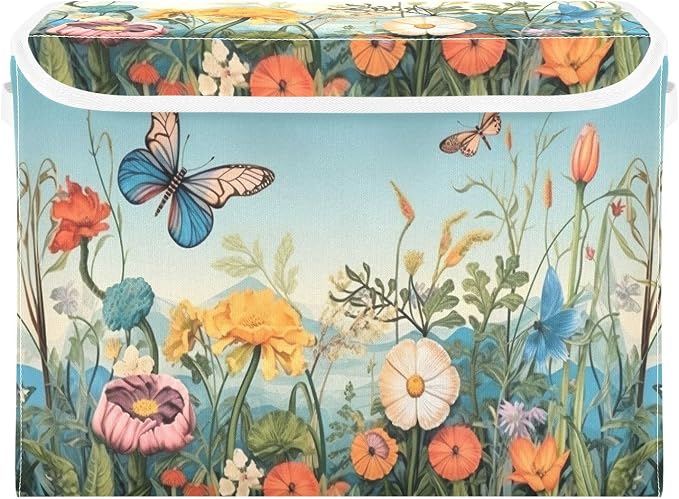 Colorful Flower Pattern Storage Bins with Lids and Carrying Handle,Foldable Storage Boxes Organizer Containers Baskets Cube with Cover for Home Bedroom Closet Office