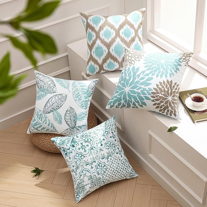 Phantoscope Set of 4 New Living Series Decorative Blue and Coffee Throw Pillow Case Cushion Cover 20 x 20 inches 50 x 50 cm