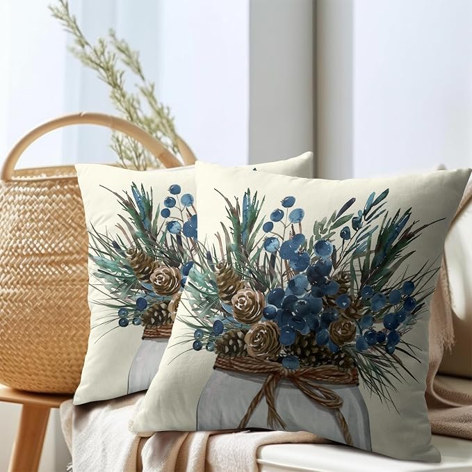 Kawani Pinecone Branch Throw Pillow Covers 22x22 Set of 2 Brown Blue Pine Needle Jar Farmhouse Decorative Pillow Cases Cotton Linen Cushion Cover for Sofa Couch Outdoor Home Decor