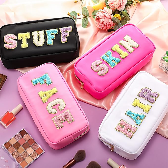 Preppy Makeup Bags Chenille Letter Stuff Bag Nylon Cosmetic Pouch Cases with Zipper for Women Travel Toiletry(Cute Color,Vivid,4 Pcs)