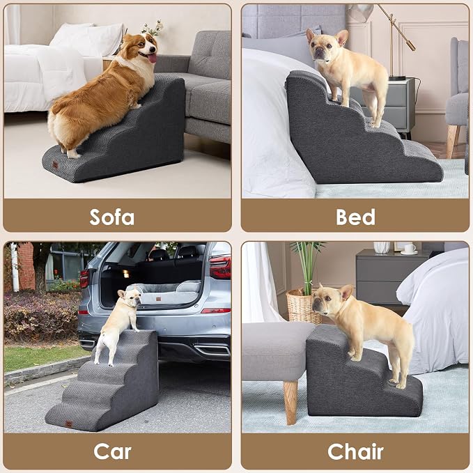 EHEYCIGA Curved Dog Stairs Ramp, 4-Step High Beds, 19.7" H Pet Step | 33D density of pure foam, for Small Dogs and Cats, Pet Stairs for High Bed Climbing, Non-Slip Balanced Indoor, Grey