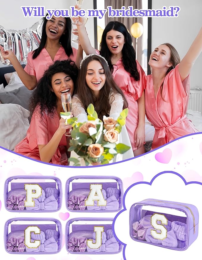 Gift Sets for Women, Initial Makeup Bag with Makeup Brush Set Bachelorette Party Favors, Purple Spa Kit with Skincare Headbands Wrist Bands Sleepover Party Supplies Gifts for Teen Girls Bridesmaid S