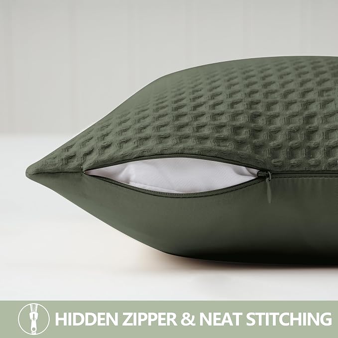 100% Egyptian Cotton 600 TC Waffle Weave Throw Pillow Covers 2 Pack | Ultra Soft Breathable Euro Pillow Shams Covers, Decorative Cushion Covers for Bed Couch Sofa Car, Olive Green, 24" x 24"