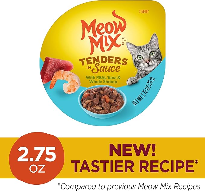 Meow Mix Tenders in Sauce, Wet Cat Food with Tuna & Whole Shrimp, 12 Cups