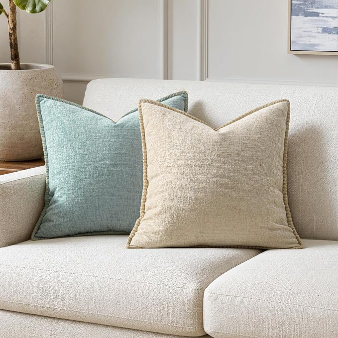 MIULEE Decorative Euro Sham Pillow Covers 26x26 Inch Beige 2 Pack | Neutral Farmhouse Throw Pillow Covers with Stitched Edge, Soft Chenille Cushion Cases, for Couch Sofa Bed Living Room