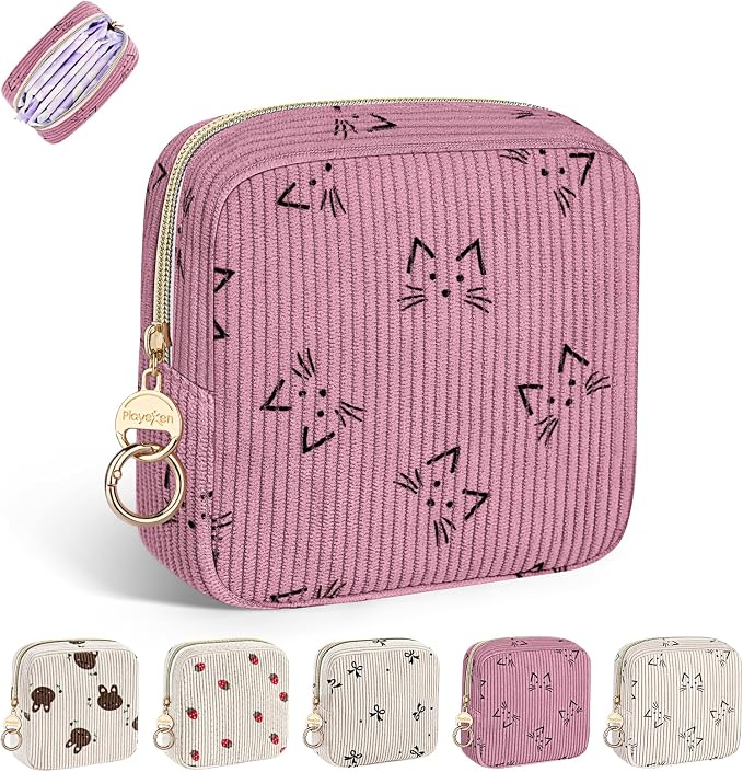Period Bag for Teen Girls, Corduroy Cute Cats Sanitary Napkin Storage Bag, Menstrual Pad Pouches Tampon Holder for Purse (Pink)