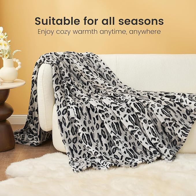 Cozy Bliss Leopard Print Fuzzy Throw Blanket for Couch & Bed, Thick Soft Warm Fleece Blankets for Room Decor, for Girls Kids Women Men, Snow Leopard, Grey 50"*60"