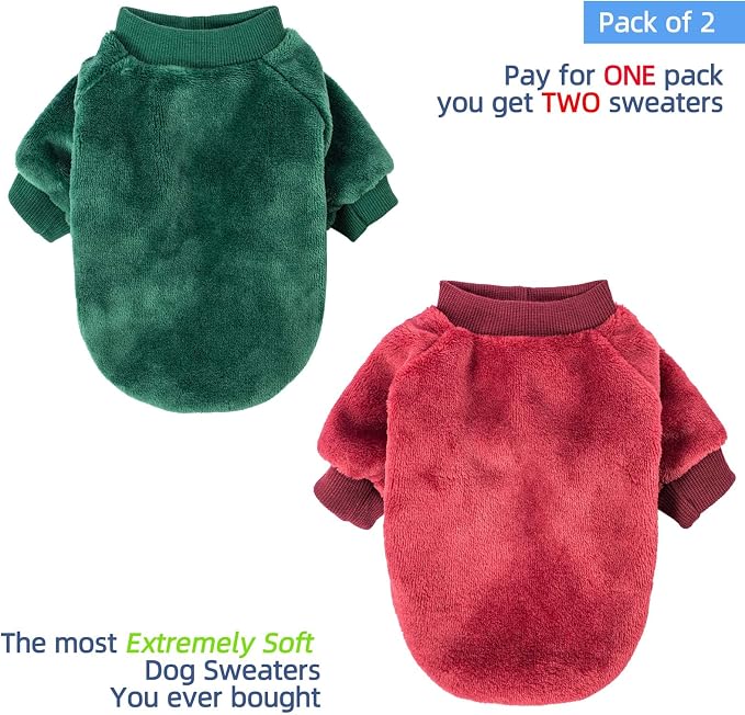 FabriCastle Christmas Dog Sweater, 2-Pack Dog Clothes, Soft and Warm Pet Jackets for Small Dogs & Cats, Winter Pet Apparel Costumes, Puppy Outfits for Christmas (Dark red,Dark Green, XX-Large)