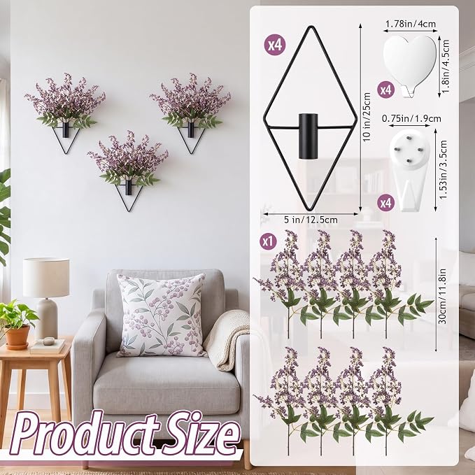 Hanaive 4 Sets Boho Wall Decor Metal Wall Art Hanging Planters with Artificial Pampas Display Modern Home Vase for Bedroom Home Office(Elegant,Light Purple)