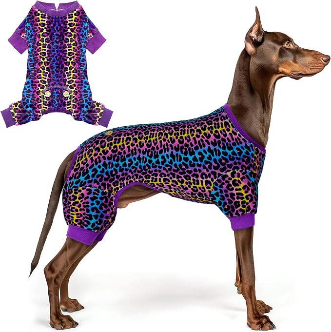 KYEESE Velvet Dog Pajamas for Large Dogs Soft Onesie Shirt, Leopard | 4-Way Stretch, Lightweight & Breathable, Reduces Shedding, Gentle on Sensitive Skin, Recovery Support, Easy Potty Breaks