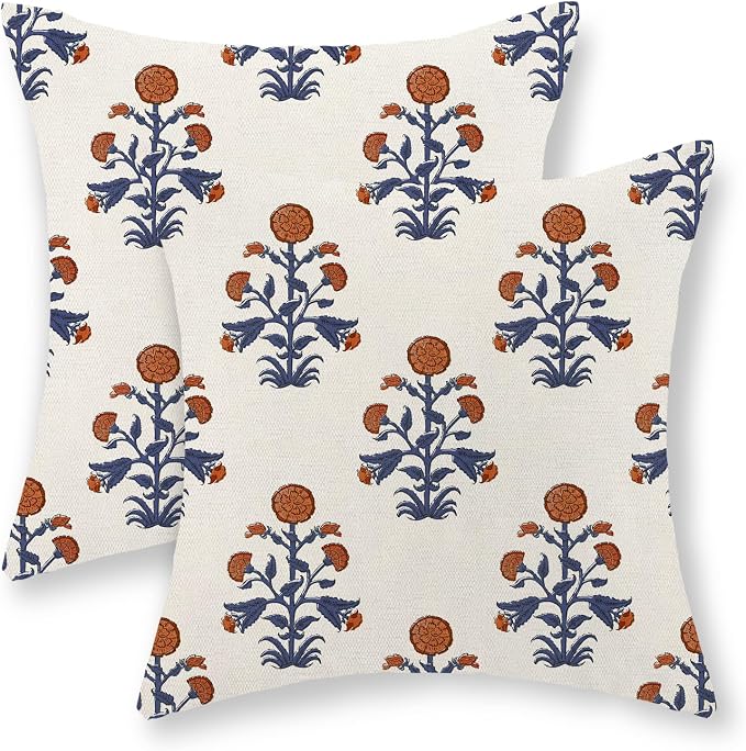 Orange Navy Blue Floral Pillow Covers 18x18 Inch Set of 2 Block Print Flower Boho Decorative Throw Pillows Modern Vintage Outdoor Pillow Cases Linen Farmhouse Cushion Cases for Couch Sofa Decor