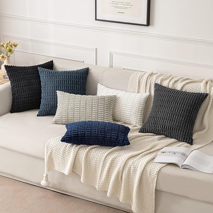 MIULEE Pack of 2 Corduroy Decorative Throw Pillow Covers 18x18 Inch Soft Boho Striped Pillow Covers Modern Farmhouse Home Decor for Sofa Living Room Couch Bed Black | Soft Boho Striped Pillow Covers Modern Farmhouse Home Decor For Sofa Living Room Couc...