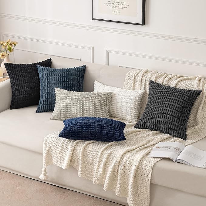MIULEE Corduroy Decorative Throw Pillow Covers 16x16 Pure White Pack of 2 | Soft Boho Striped Pillow Covers Modern Farmhouse Home Decor For Sofa Living Room Couch Bed