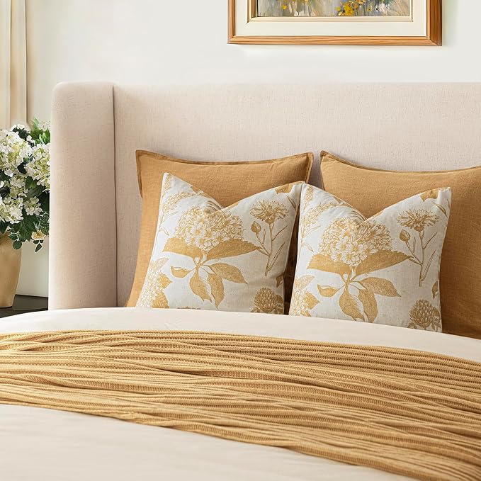 Foindtower Set of 2 Linen Floral Vintage Throw Pillow Covers Neutral Accent Print Decorative Cozy Cushion Covers Farmhouse Home Decor for Sofa Chair Couch Bed Living Room,20×20 Inch,Light Yellow
