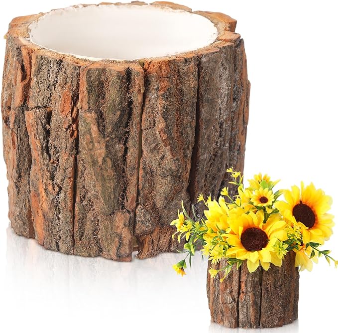 1 Pcs Wooden Vase for Centerpieces Wedding Flower Table Centerpieces Woodland Party Decor Rustic Farmhouse Bark Stump Buckets Vintage Planter Pots for Garden Baby Shower Window Home (Large)