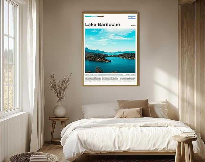 Poster Lake Bariloche Wall Art Original Design(17"x11" Metal Frame) Argentina Patagonia Landscape Print Andes Mountains Nature Scenery Nahuel Huapi Glacial View South America Travel Home Decor