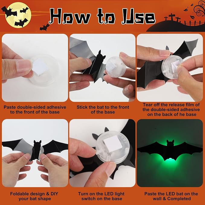 DR.DUDU 36 Pack Bats Halloween Decorations Indoor Bat Wall Decor | Light Up Green LED, Assorted Size, 3D Bat Stickers, for Bedroom Party Walls Bathroom Mirrors Garages Door, Indoor/Outdoor Use