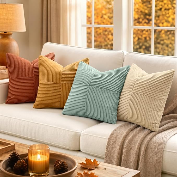 MIULEE Fall Teal Orange Decorative Throw Pillow Covers 18x18 Inch Set of 4 Boho Corduroy Striped Cushion Cases Modern Farmhouse Patchwork Pillow Cases for Couch Sofa Bedroom Home Decor