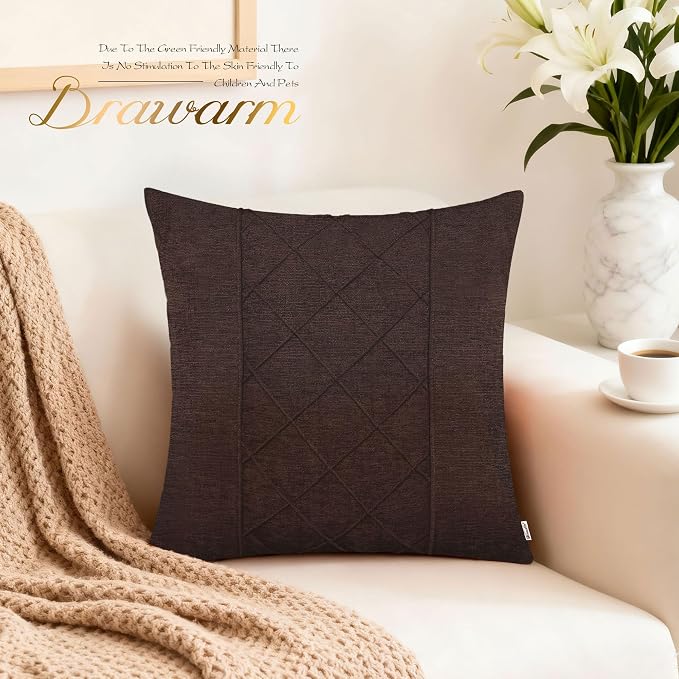BRAWARM Chenille Throw Pillow Covers 22x22 Inches, Coffee, 2 Pack | Decorative Pleated Pillow Covers, Soft Cushion Cases for Sofa Bed Living Room Home Farmhouse (No Insert)