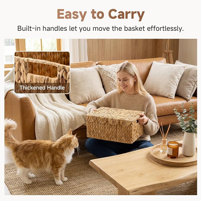 StorageWorks Scalloped Wicker Basket with Lid, Large Water Hyacinth Basket | Rattan Storage Baskets with Scalloped Edge, Basket with Lid Decorative Storage, Woven Wicker Basket for Living Room, Bedroom
