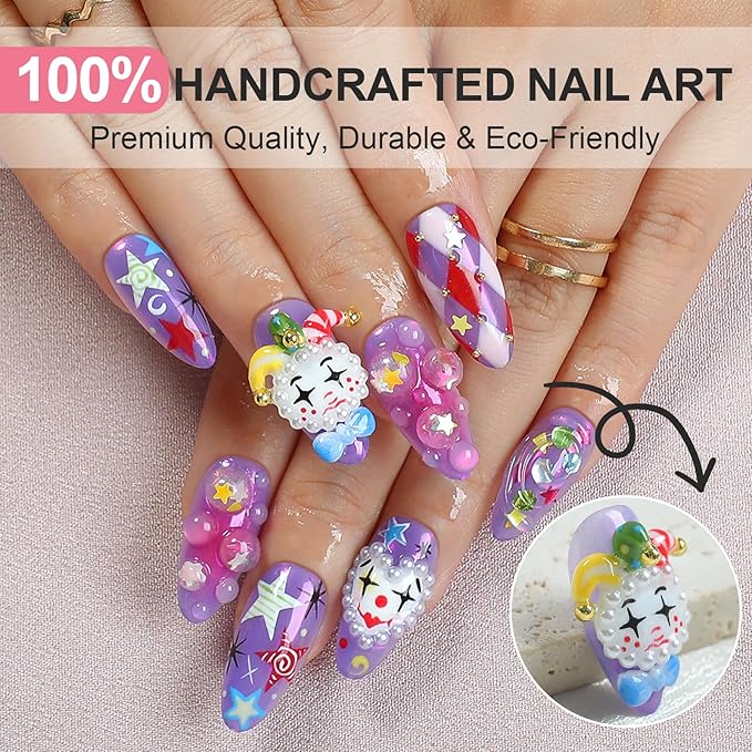Handmade Press On Nails Almond, French Tips 3D Joker Design Short Fake Nails, Salon-Quality Reusable, 10Pcs Includes Adhesive Pads & Nail File, Special Holiday Gifts