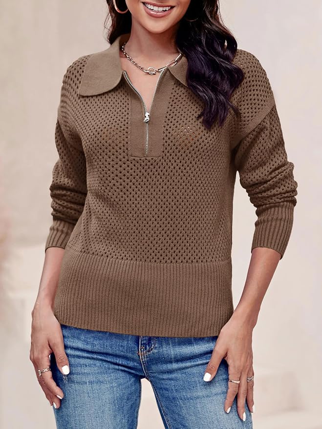 Doshoop Womens Summer Crochet Sweaters Long Sleeve Hollow Out Knit Half Zip Lapel Collar Pullover Tops