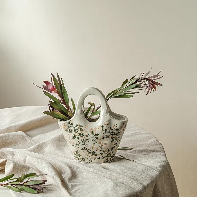 Ceramic Flower Vase for Home Decor, Vintage Green Purse Vase 9 Inch | Rustic Farmhouse Floral Vase for Bookshelf, Living Room, Kitchen, Coffee Table, Mantel, Entryway, Wedding Centerpiece