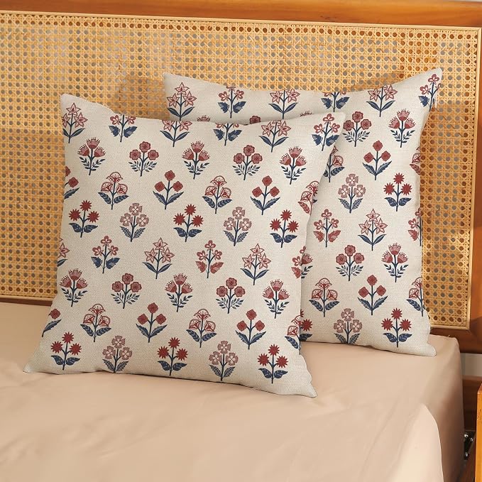 Red Blue Pillow Covers 18x18 Inch Set of 2 Patriotic 4th of July Throw Pillows Vintage Flower Boho Block Print Floral Decorative Pillow Cases Outdoor Linen Cushion Cover for Couch Sofa Decor