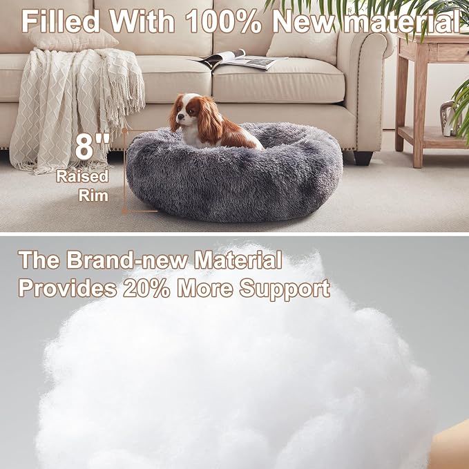 30 in Faux Fur Fluffy Donut Dog Bed for Medium Dogs,Tie-dye Grey | Calming Plush Round Pet Bed with Removable & Washable Cover,Fits up to 45 lbs Pets