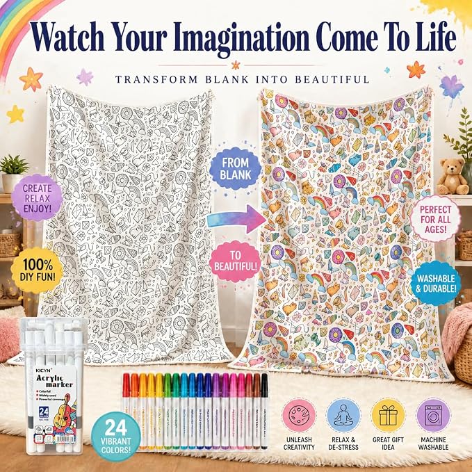 DIY Coloring Blanket with 24 Markers, Custom Color Blankets for Adults | Color In Your Own Blankets With 24 Colors Markers, Snuggle Color Sketch Washable Cozy Blankets Kit Home Decor