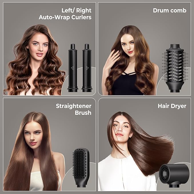 Hair Dryer Brush 5 in 1 Autowrap Hot Air Hair Styler with High-Speed Aluminum Alloy Blow Dryer Brush Volumizing, Straightening & Fast Drying with Negative Ion, No Heat Damage (Black)
