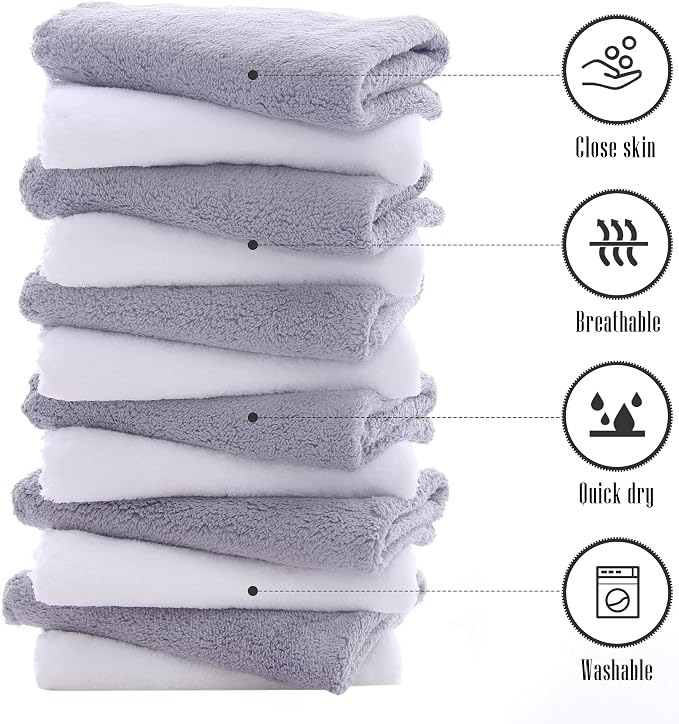 TENSTARS 12 Pack Premium Washcloths Set - Quick Drying- Soft Microfiber Coral Velvet Highly Absorbent Wash Clothes - Multipurpose Use as Bath, Spa, Facial, Fingertip Towel (Grey and White)